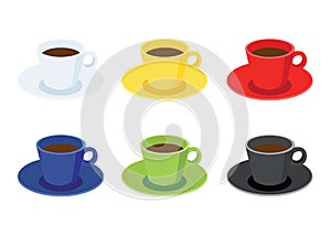 Coffee cup on saucer multi color on white background