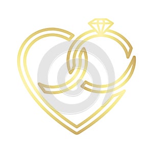 Two wedding gold intertwined rings forming a heart. Vector icon isolated on white background.