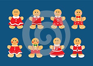 Gingerbread cookie christmas set decorations and design isolated on blue background illustration vector