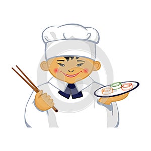 Smiling cartoon Asian little chef with sushi. Logo vector colorful icon isolated on white background.