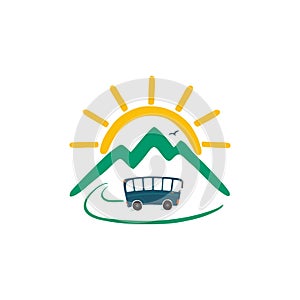 Tourist bus against the backdrop of mountains and sun. Vector colorful logo in cartoon style.