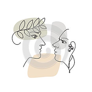 Linear vector illustration of male and female faces in profile with floral decorative elements and colored spots.