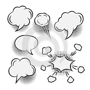 Comic text speech bubble pop art style. Cloud talk speech bubble geometric background.