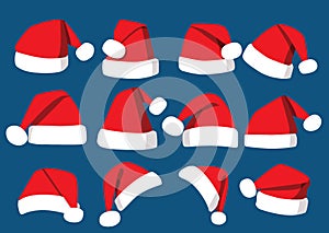 Hat santa christmas set decorations and design isolated on blue background illustration vector