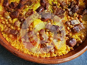 Of a "Arroz al horno" baked rice detail tipical food Valencia, Spain photo