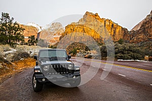 4x4 car and road in Zion National Park, United States of America