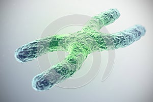 X chromosome, green in the center, the concept of infection, mutation, disease, with focus effect. 3d illustration photo