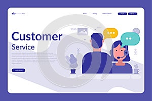 Vector illustration of a customer service concept with headset figure, speech bubbles, and a modern office-themed website layout