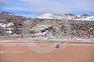 A 4x4 expedition vehicle navigates the deserts of the Reserva Eduardo Avaroa, Potosi, Bolivia photo