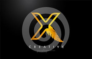 X Golden Gold Feather Letter Logo Icon Design With Feather Feathers Creative Look Vector Illustration