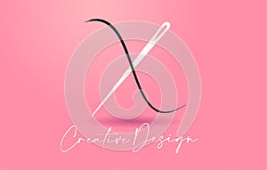 X Letter Logo with Needle and Thread Creative Design Concept Vector