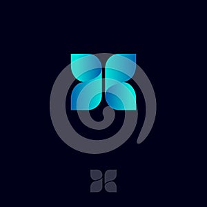 X logo consist of blue ribbons. X origami monogram like butterfly. Network, Web Icon.
