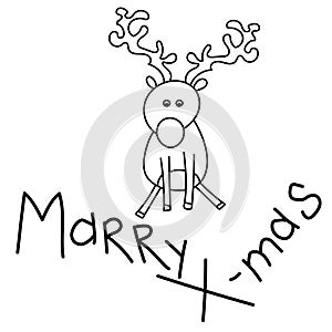 X-mas card with cute deer, outline vector illustration, doodle character