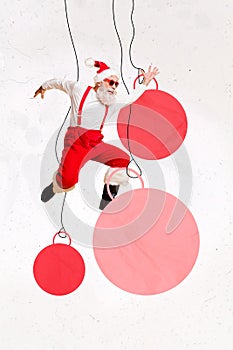 X mas invitation brochure collage of happy santa claus man jumping on red big christmas tree toys