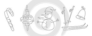 X-mas one line set. new year elements line art. merry Christmas Set with ski and snowman. socks continuous line. outline