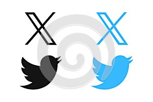 X New Twitter icon. Twitter rebrand little bird to X letter symbol. Twitter X new logo vcetor. Elon Musk change social media logo