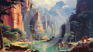 3840x2160 Painting Of Canyon With Trees And Animal In Hildebrandt Style photo