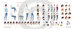 Young man character for your print, web and motion design. Creation kit. Set of flat male cartoon character body parts.