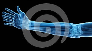 X-ray of arm of a male human, blue tone radiograph on a black background, Xray Orthopedic Medical, Ai generative