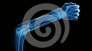 X-ray of arm of a male human, blue tone radiograph on a black background, Xray Orthopedic Medical, Ai generative