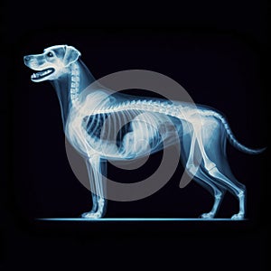 X-ray of a dog full body blue tone radiograph on a black background. ai generative