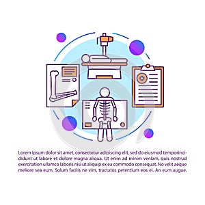 X-ray examination article page vector template. Radiological survey. Limb fracture. Brochure, booklet design element