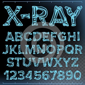 X-ray Font Vector. Transparent Roentgen Alphabet. Radiology 3D Scan. Abc. Blue Bone. Medical Typography. Capitals