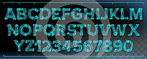 X-ray Font Vector. Transparent Roentgen Decorative Alphabet. Radiology Neon Scan Effect. Blue Bone. Futuristic Medical