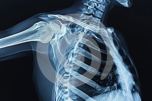 This x-ray image captures the detailed structure of a persons shoulder, displaying bones, joints, and possible injuries, D X-ray