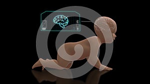 x-ray image of crawling baby with brain inside, graphics research on screen.3D rendering