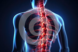 X-Ray image of human body with highlighted spine against blue background, Spine injury pain in sacral and cervical region concept