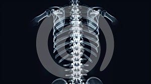 X-ray image of a human ribcage and spine on a dark background, showcasing skeletal structure and detail