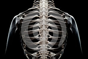 An X-ray image of a human torso from the back, displaying the spine and ribcage in detail against a black background