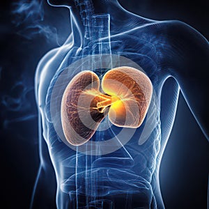 X-ray image of human lung organs on black background.