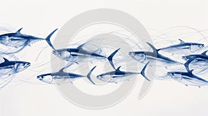 X-ray image of a school of tuna fish in motion with intricate details