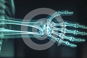 This x-ray image showcases a detailed view of a skeletons hand, capturing the structure and formation of the bones, A closer look