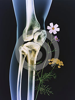 X-ray of a knee with flowers growing out of it. Harmony of nature and anatomy