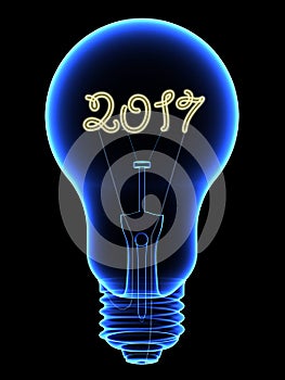 X-Ray lightbulb with sparkling 2017 digits inside isolated on black