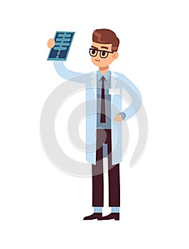 X ray look. Doctor holding and looking roentgen testing photo. Vector cartoon medical character