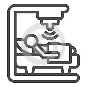 X-ray with patient on bed line icon, World cancer day concept, Apparatus radioisotope renography sign on white