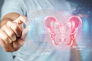 X-ray of a patient`s pelvis, hip joint skeleton, medical concept. Pelvic pain, fracture, joint problems. mixed media photo