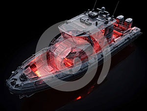 X-ray tactical combat speedboat with red interior lighting, dark matte exterior, weaponry or sensor systems on upper deck - AI