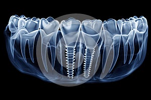 X-ray view of dental implants in human jaw. Generative AI