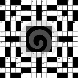 15x15 squares empty British-style crossword grid for 36 words with numbers, vector illustration.