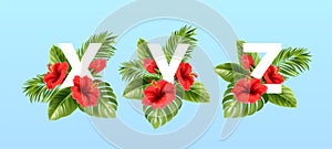 X V Z letters surrounded by summer tropical leaves and red hibiscus flowers. Tropical font for summer decoration. Vector photo