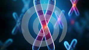 X and Y Chromosome on blue background. Chromosomes with DNA helix inside under microscope. Human chromosome