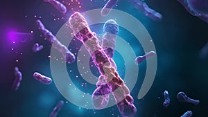 X and Y Chromosome on blue background. Chromosomes with DNA helix inside under microscope. Human chromosome