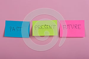 "Past, present, future", the phrase is written on colorful stickers on pink background