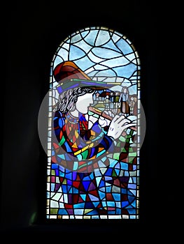 The "Pied Piper of Hameln" stained glass window inside of the Market Church in Hameln, GERMANY