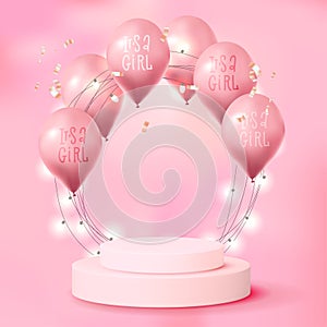 It's a girl 3d space. Empty pink room with pink podium, glowing wired lights arch, balloons. Scene mockup for